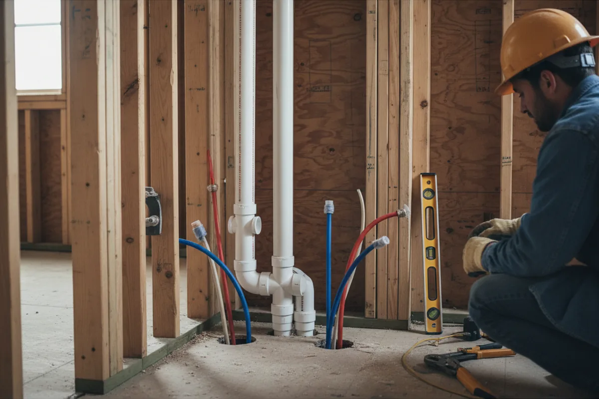 Drain and supply rough-in during Sump Pump Repair in Seymour